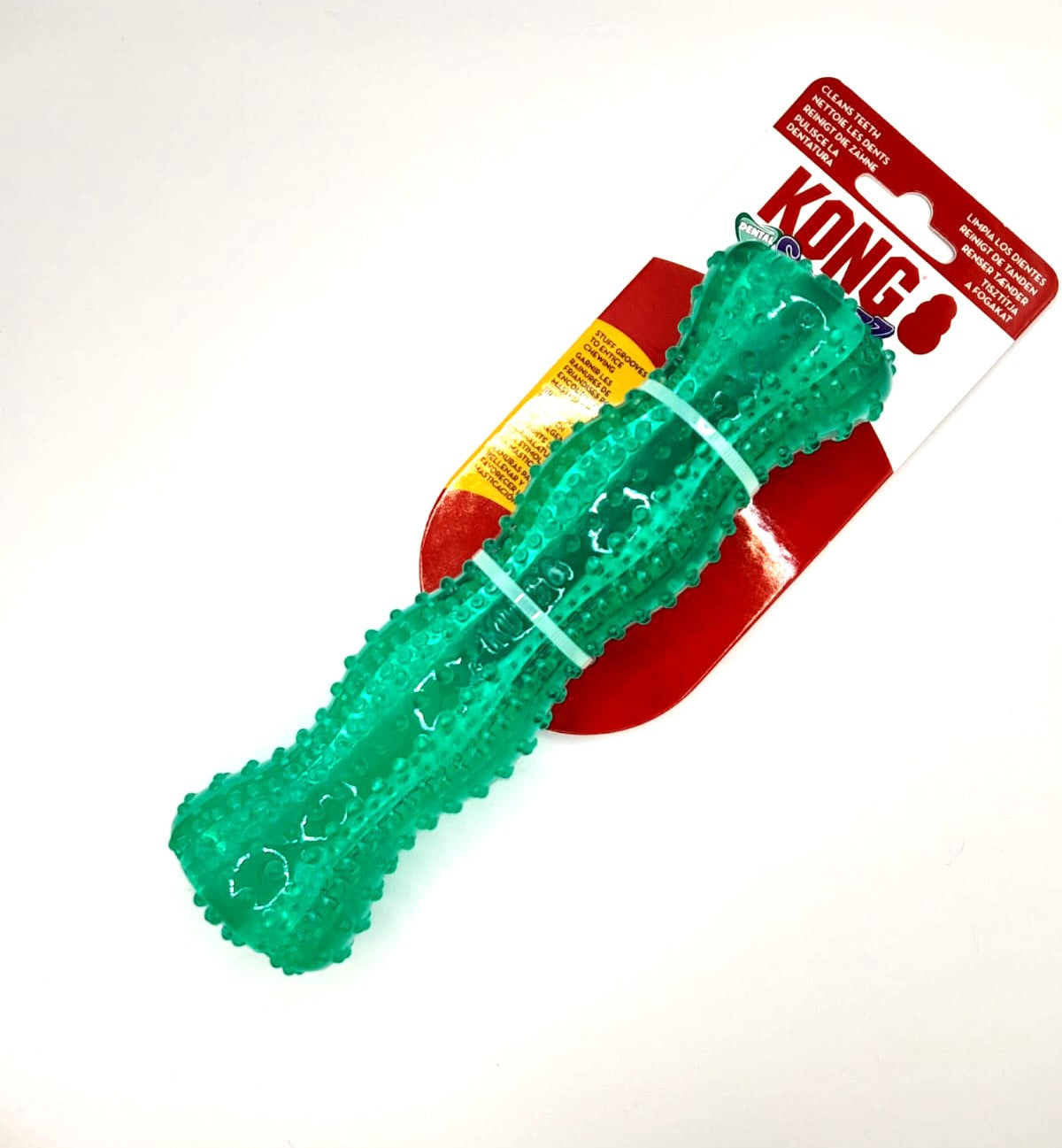 Juguete de color verde para la limpieza de sus dientes y encías con forma de hueso para perretes