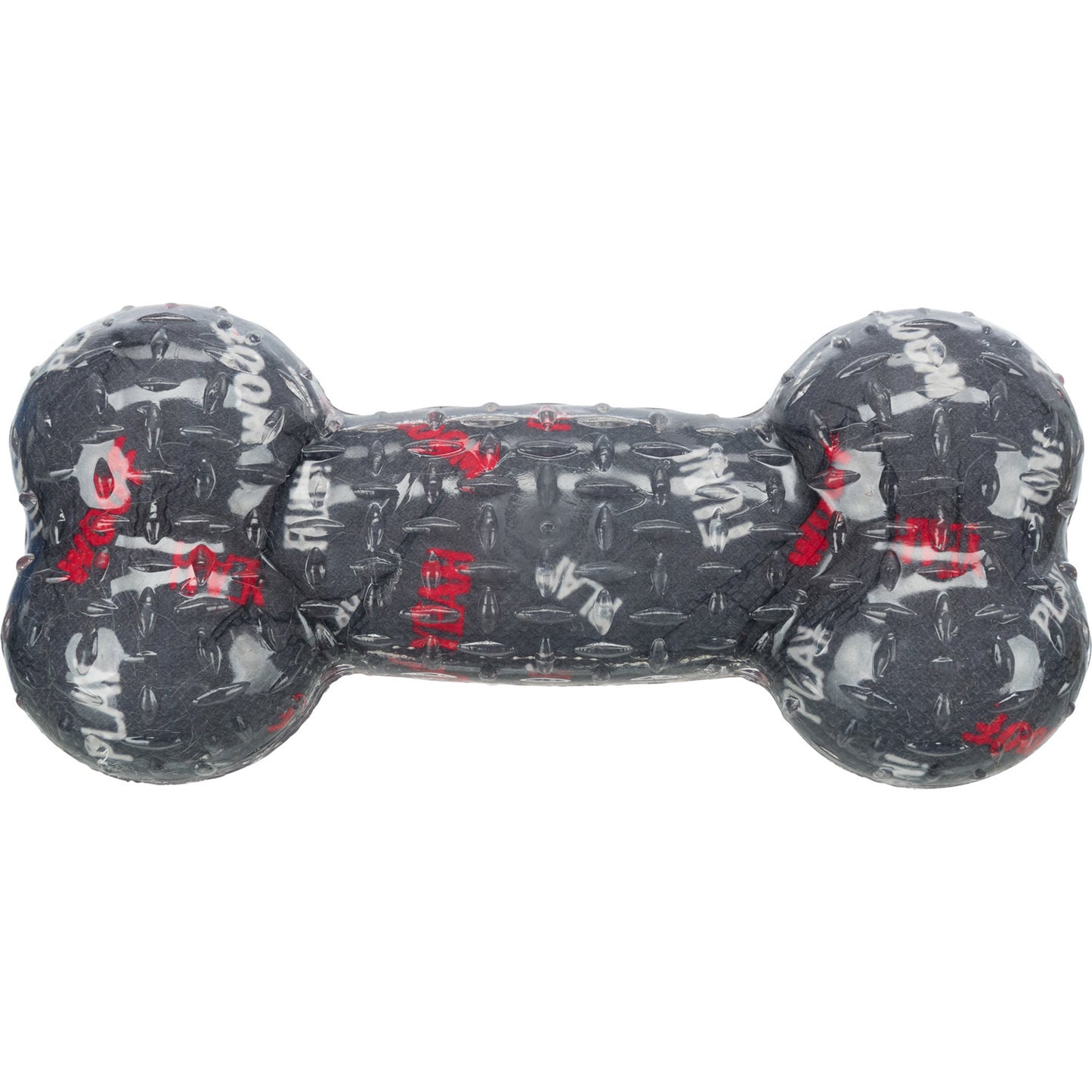 Juguete hueso de caucho para perros de color gris oscuro, pequeñas letras rojas y letras blancas ultra-resistente con refuerzo de TPR para mandíbulas fuertes durante el juego.