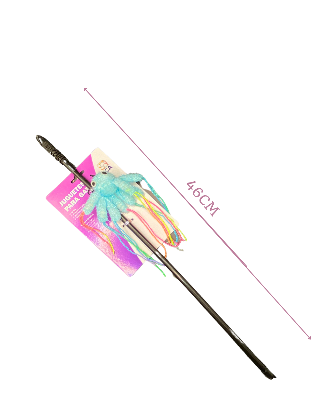 Caña de juguete para gatos con palo de caña de color negro y pulpito de color azul clarito con refuerzo para los arañazos de los michos 2, además lleva hilos gruesos de colores como tentáculos para incentivarlos al juego 2