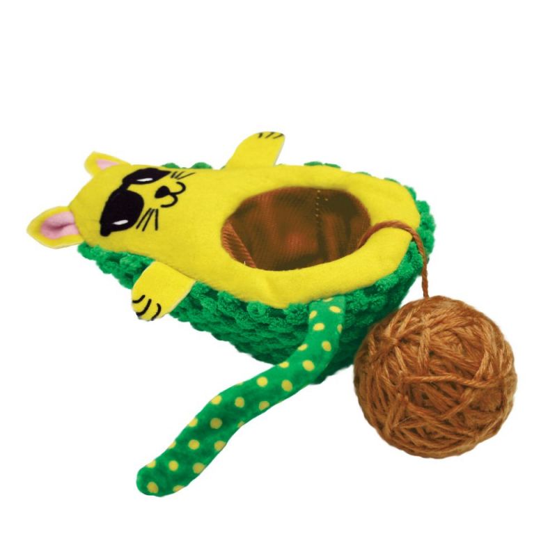 KONG Avocado Cat Toy with attached yarn ball.