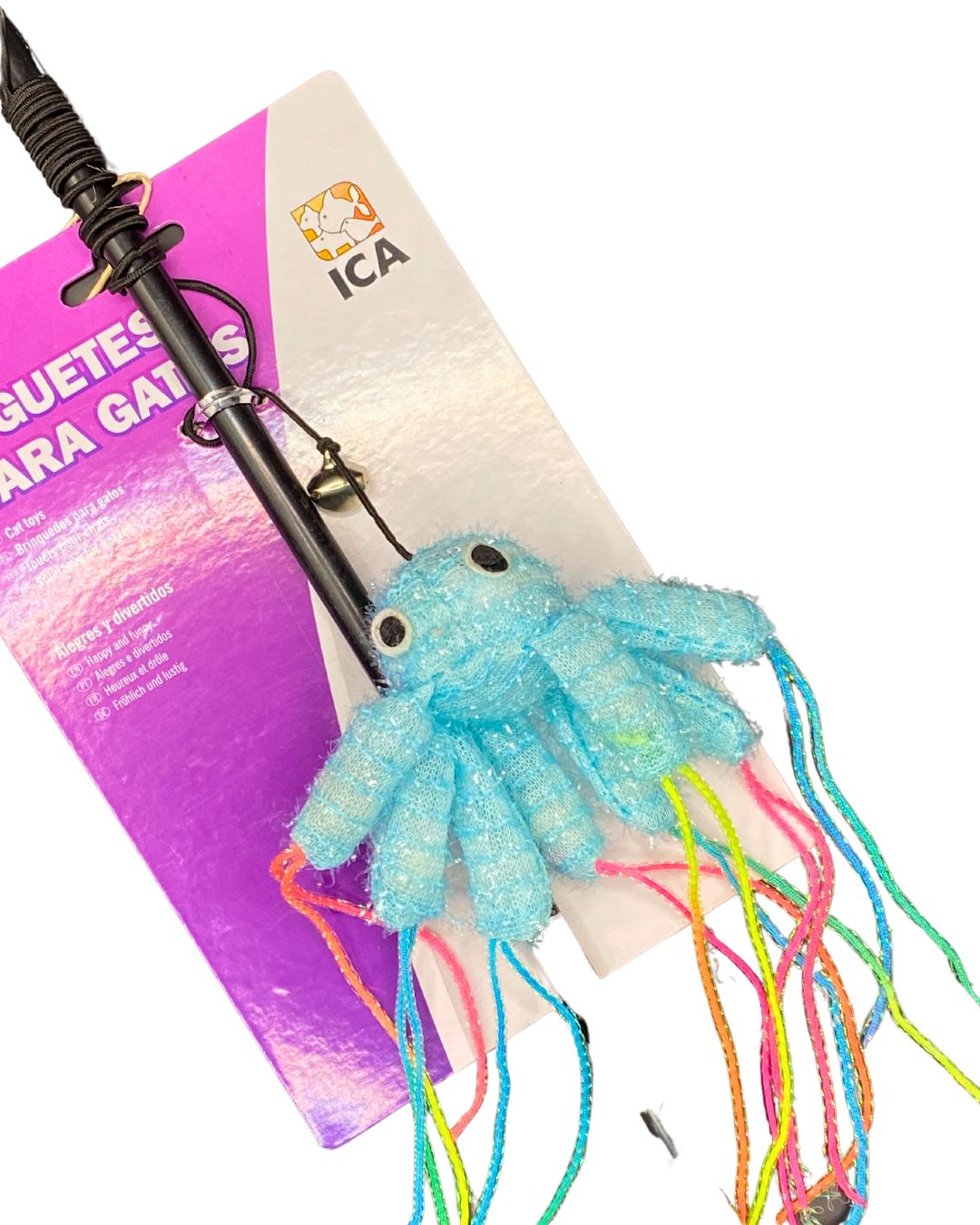 Caña de juguete para gatos con un pulpito con tentáculos de tela reforzada de colorines para atraer la atención de tu gatos. El palo de la caña es de color negro, Medida ideal para cualquier tamaño de gato.