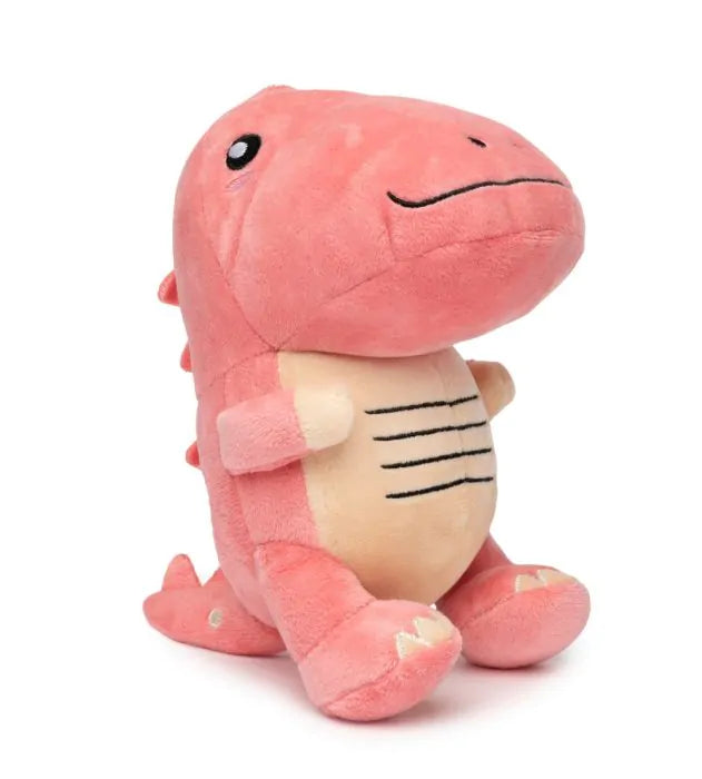 Juguete de peluche para perros con forma de dinosaurio de color rosa con tripa de color blanca con rayas negras 3