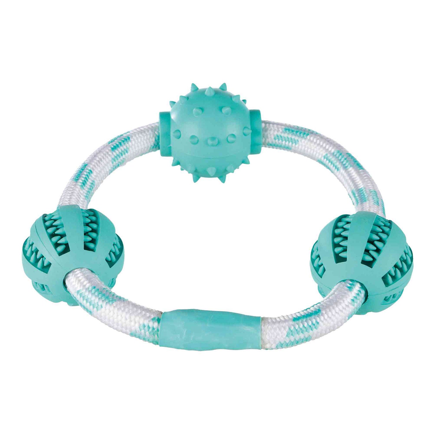 Juguete dental de color blanco y verde aguamarina con 3 bolas en forma de pelotas de silicona reforzada, perfecta para el entretenimiento de tu perro y a su vez para la limpieza de sus dientes.