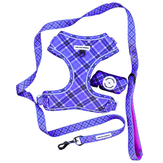 PACK Colección Lavanda Ajustable: Compuesto por Arnés + Correa + Portabolsas