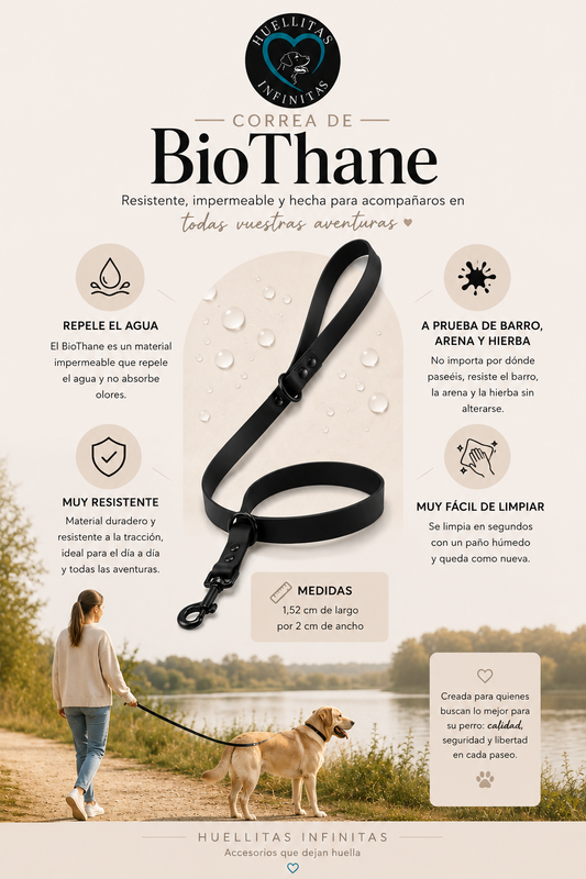 Correa Waterproof BioThane High Resistant Unicolor Negra. Creada para durar