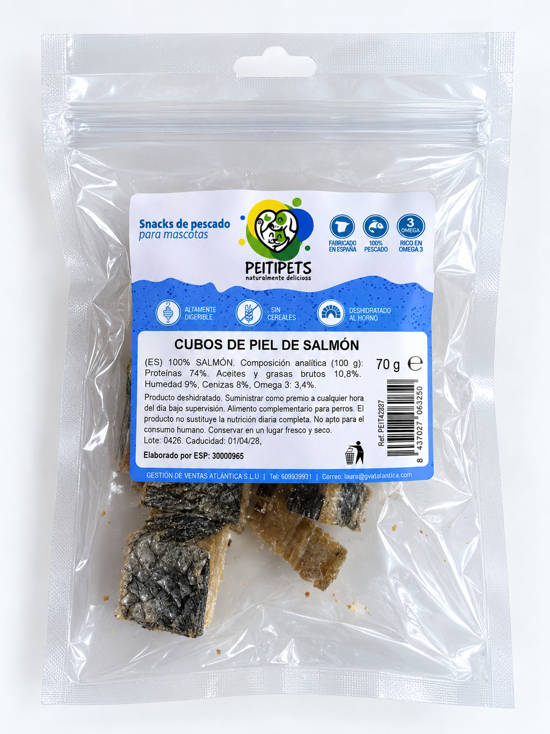CUBOS DE PIEL DE SALMÓN Peso: 70GRMS