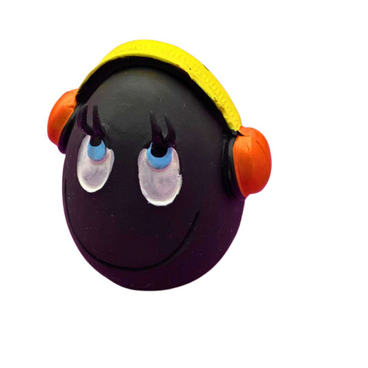 Huevo de Látex de LANCO para perros de color negro con auriculares donde la parte de la diadema es amarilla y los altavoces son naranjas. Sus ojos son azules con la pupila en negro y están mirando hacia arriba como con cara de bueno, también  tiene una línea en la boca sonriendo.