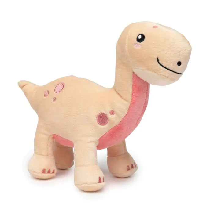 Juguete para perros con forma de dinosaurio con cara alegre y de color rosa palo. Tiene manchitas circulares de un tono de rosa más alto como la zona de su cuello y tripa. Ojo negro  y uñitas pintadas de rosa. Buena calidad.