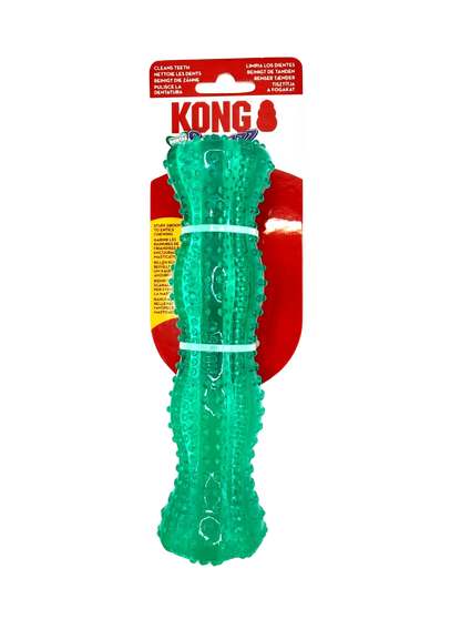 Juguete Kong verde con forma de hueso y pequeñas protuberancias para la limpieza de dientes y encias de tu perrete.