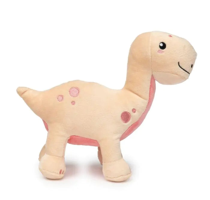 Juguete para perros con forma de dinosaurio con cara alegre y de color rosa palo 2. Tiene manchitas circulares de un tono de rosa más alto como la zona de su cuello y tripa 2. Ojo negro  y uñitas pintadas de rosa 2. Buena calidad 2