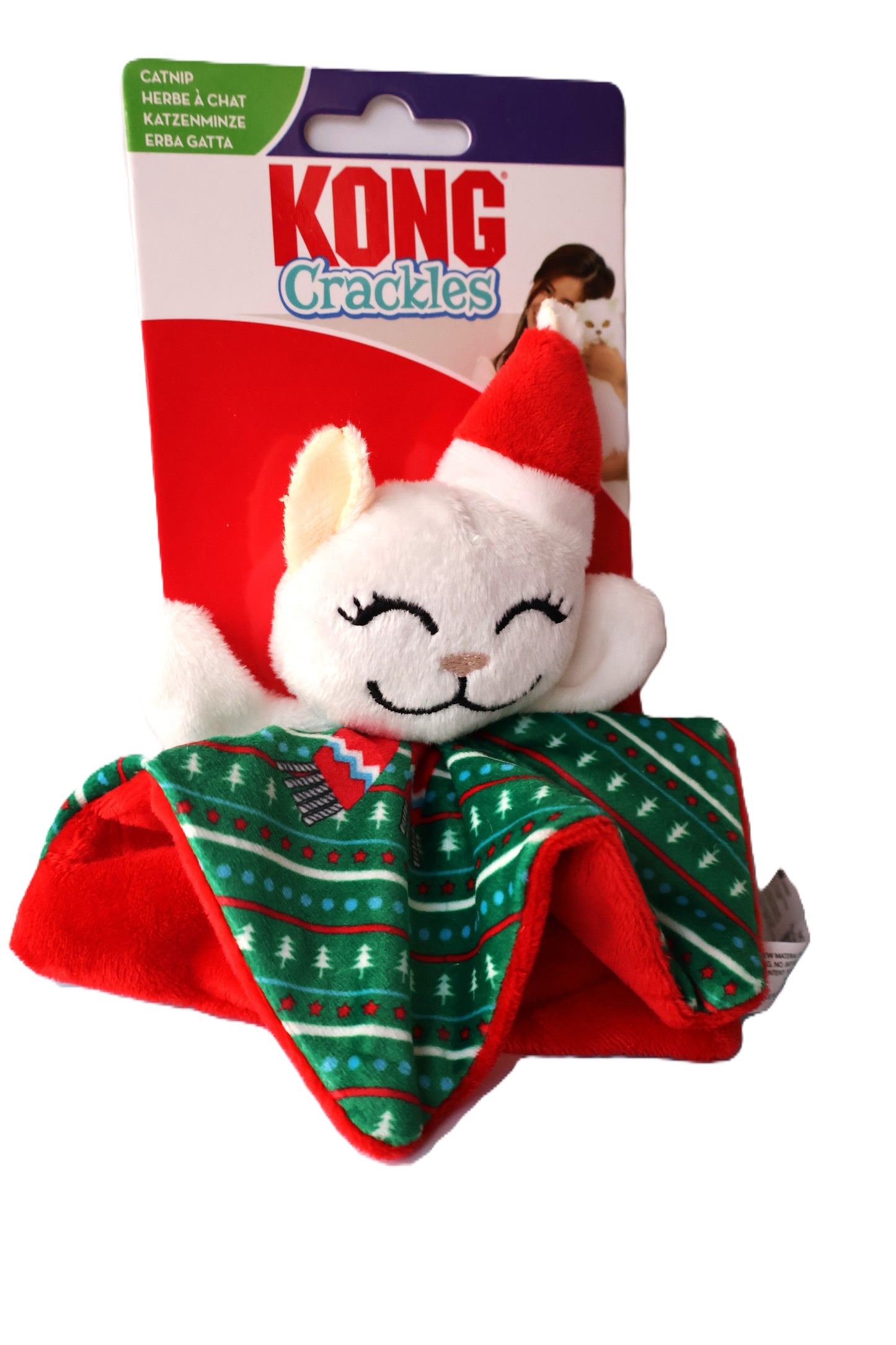 KONG Juguete Gatito con mantita y gorrito de Navidad para gatos con papel Scratch