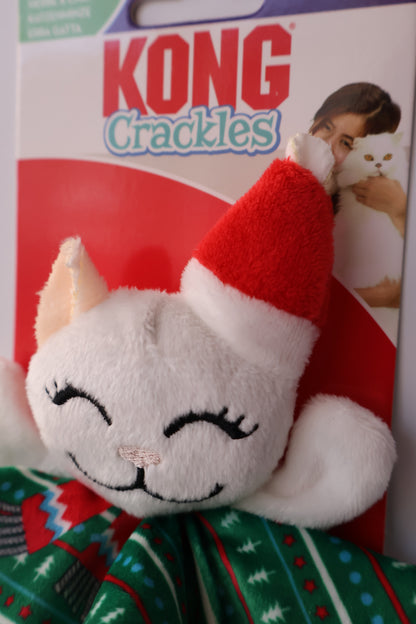 KONG Juguete Gatito con mantita y gorrito de Navidad para gatos con papel Scratch