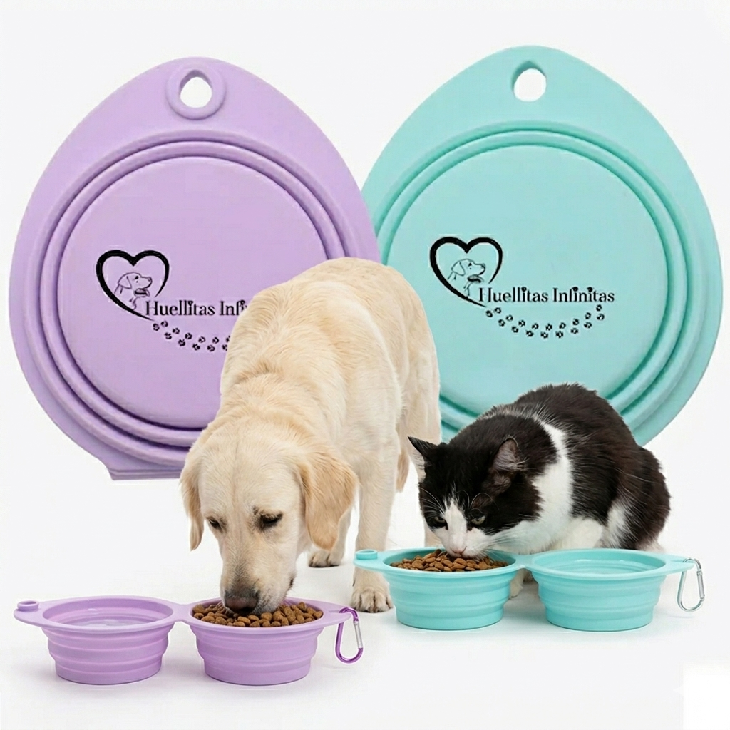 Foldable, portable and DOUBLE feeder-drinker in ultra-slim lilac for walks or trips with your dog