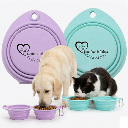 Foldable, portable and DOUBLE feeder-drinker in ultra-slim lilac for walks or trips with your dog