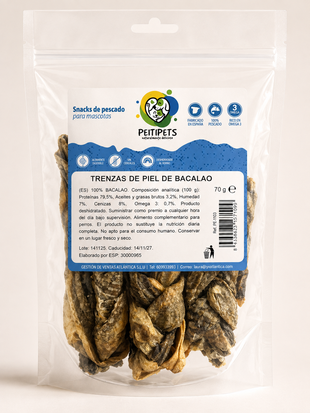 TRENZAS DE PIEL DE BACALAO. Peso: 70GRMS