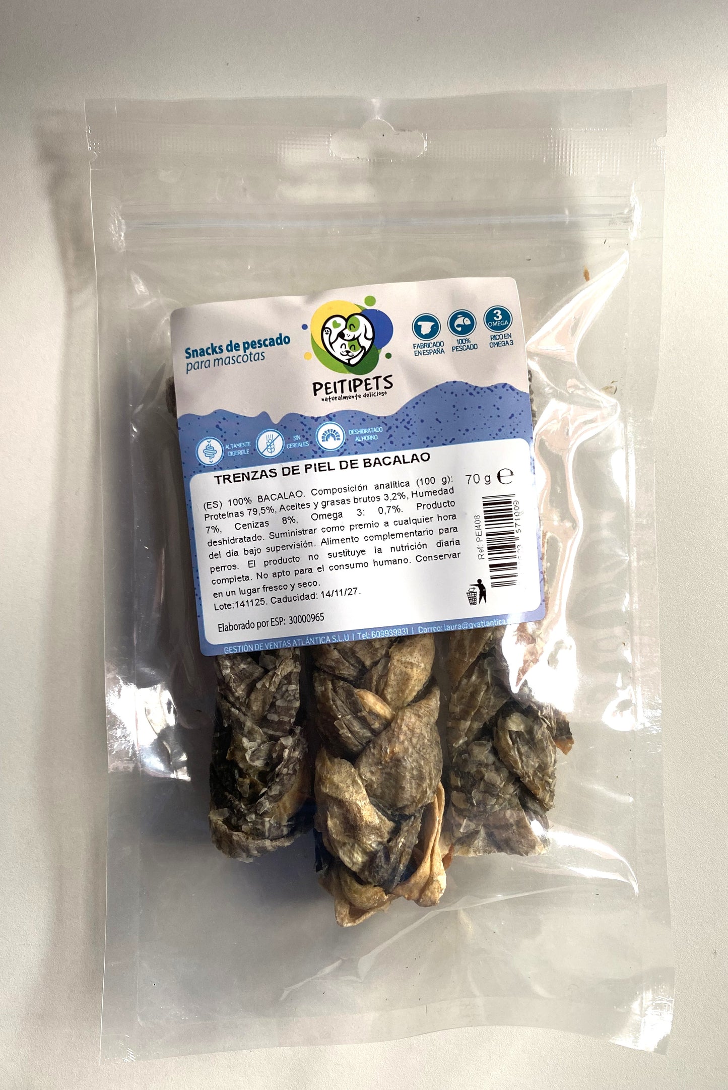 TRENZAS DE PIEL DE BACALAO. Peso: 70GRMS