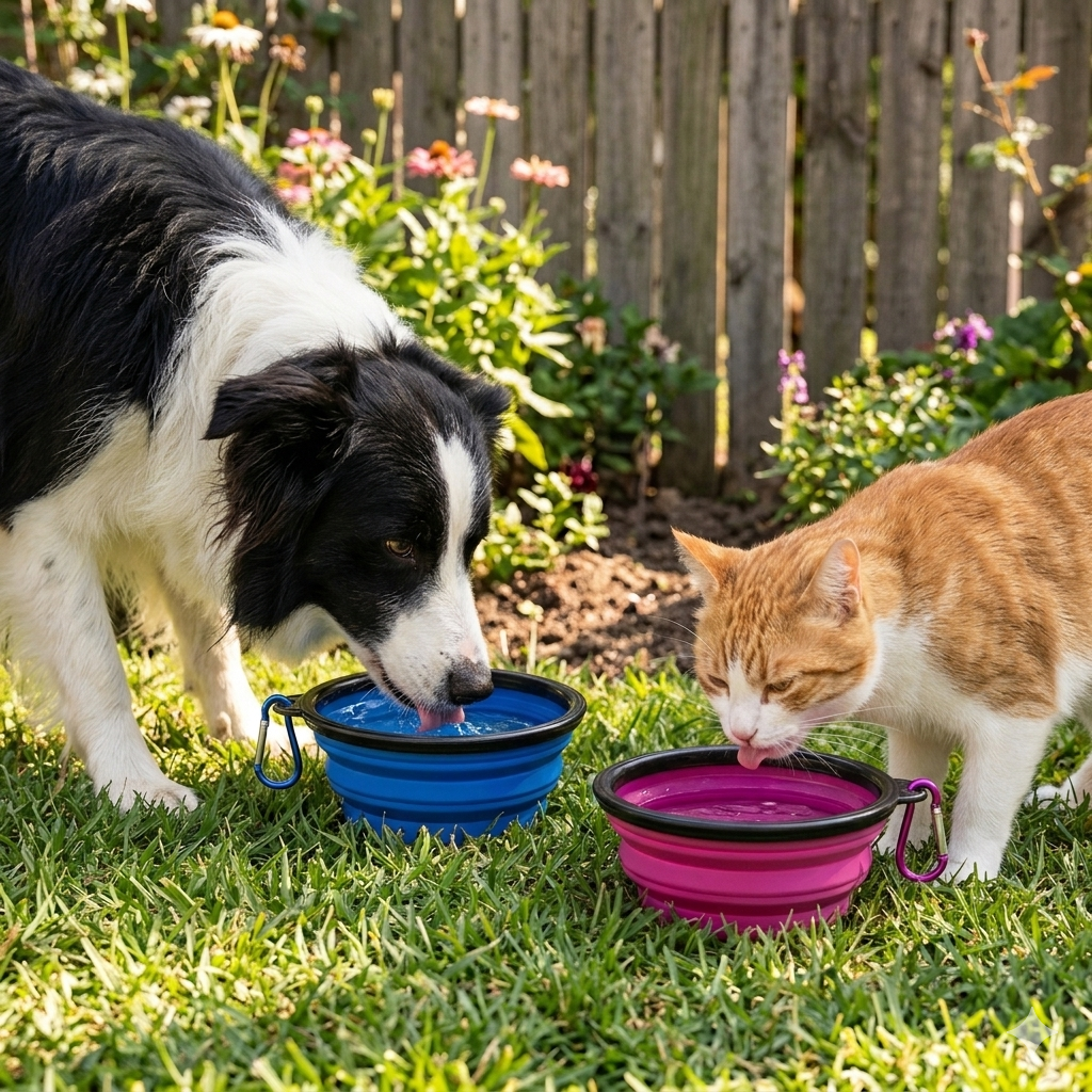 Foldable, portable and INDIVIDUAL feeder-drinker in ultra-slim pink for walks or trips with your dog.