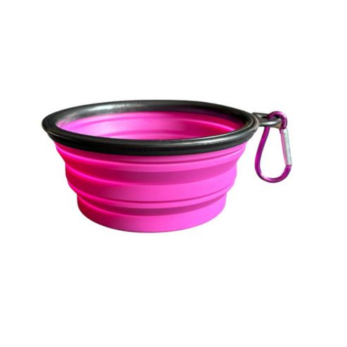 Foldable, portable and INDIVIDUAL feeder-drinker in ultra-slim pink for walks or trips with your dog.