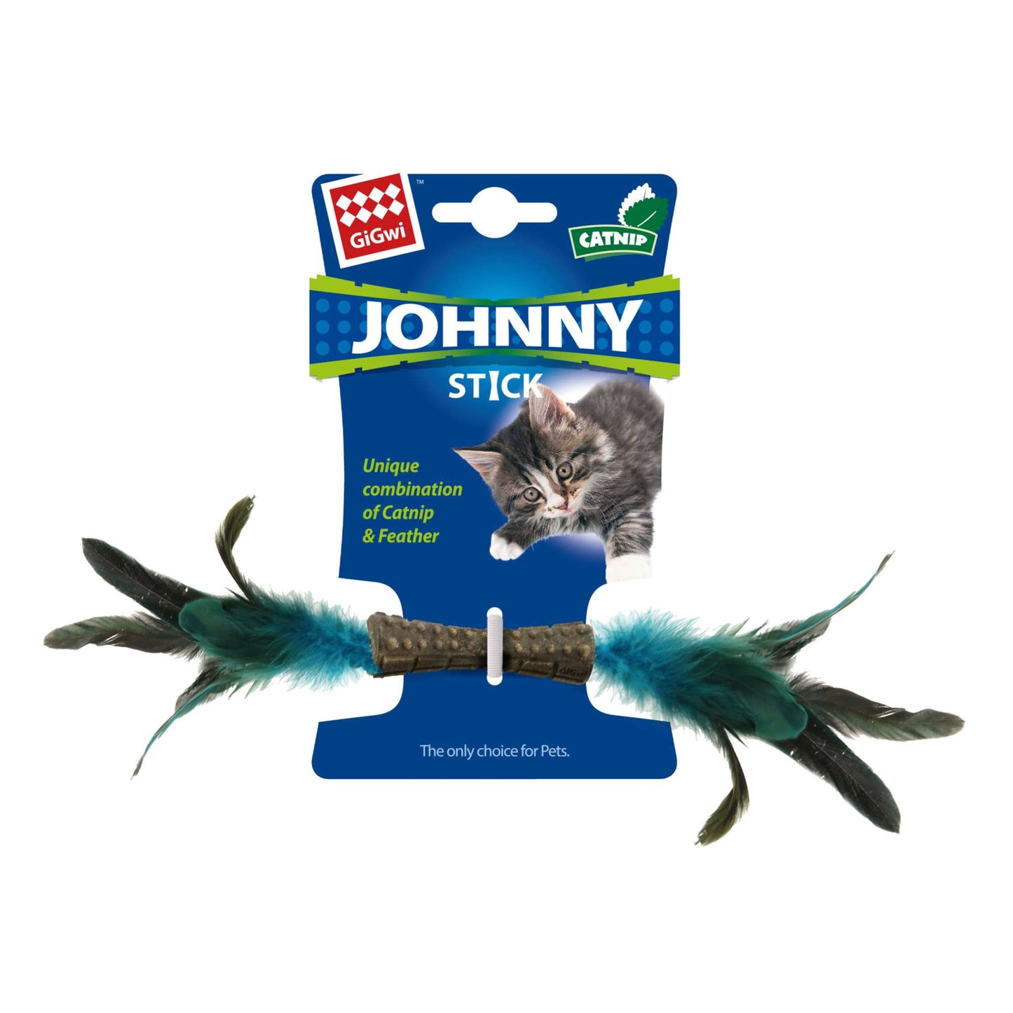 Johnny Stick para gatos con doble pluma natural azul y hierba gatera